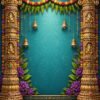 Royal Ganesh Darbar Traditional Temple Backdrop – Golden Pillars & Floral Toran