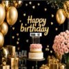 Royal Black & Gold Happy Birthday Backdrop Banner with Pink Roses & Golden Balloons