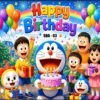 Doraemon & Friends Theme Happy Birthday Backdrop Banner with Balloons & Fireworks