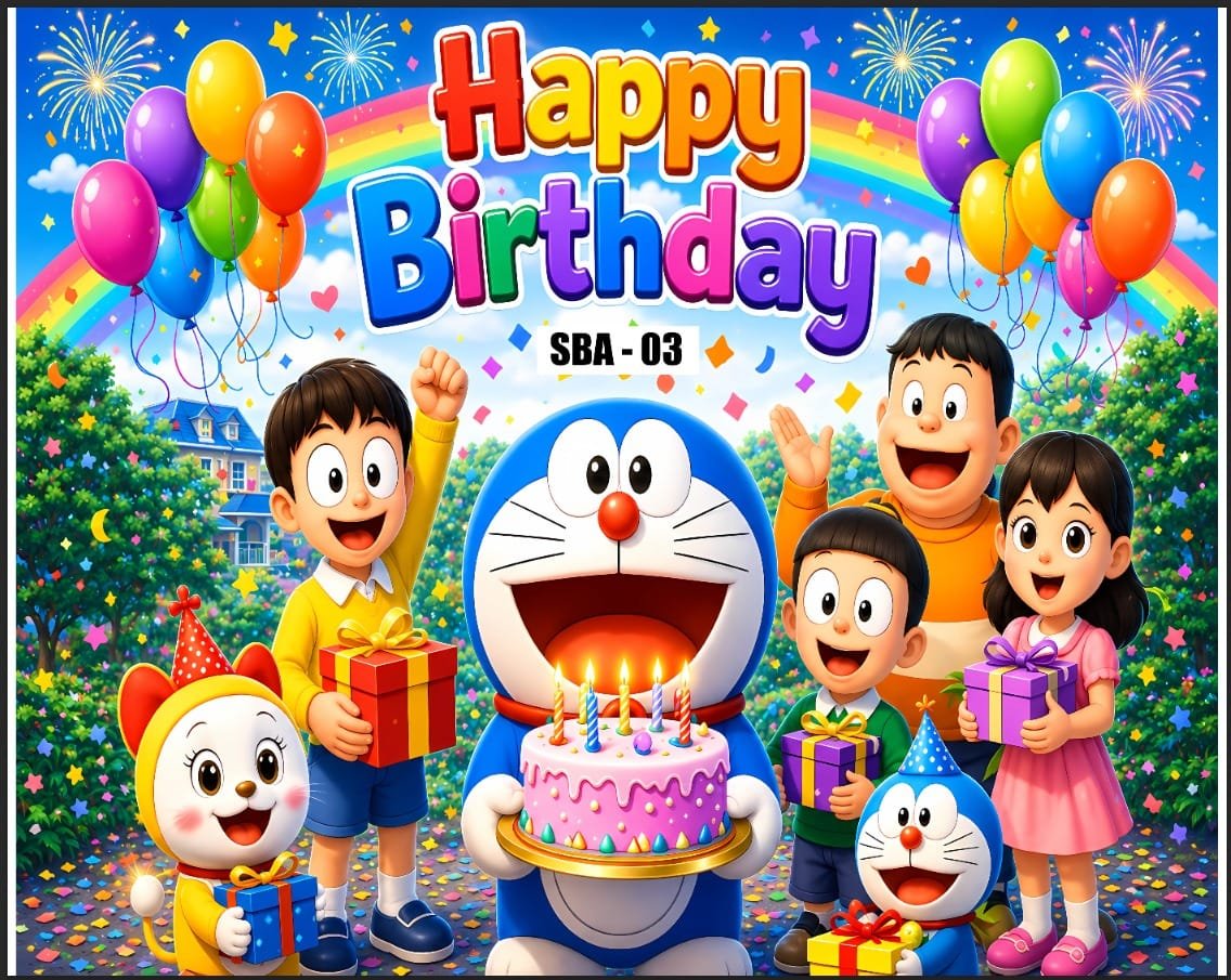 Doraemon & Friends Theme Happy Birthday Backdrop Banner with Balloons & Fireworks