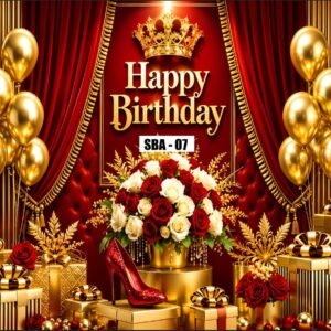 Royal Red & Gold Crown Happy Birthday Backdrop Banner with High Heel & Roses (Design Code: SBA-07)