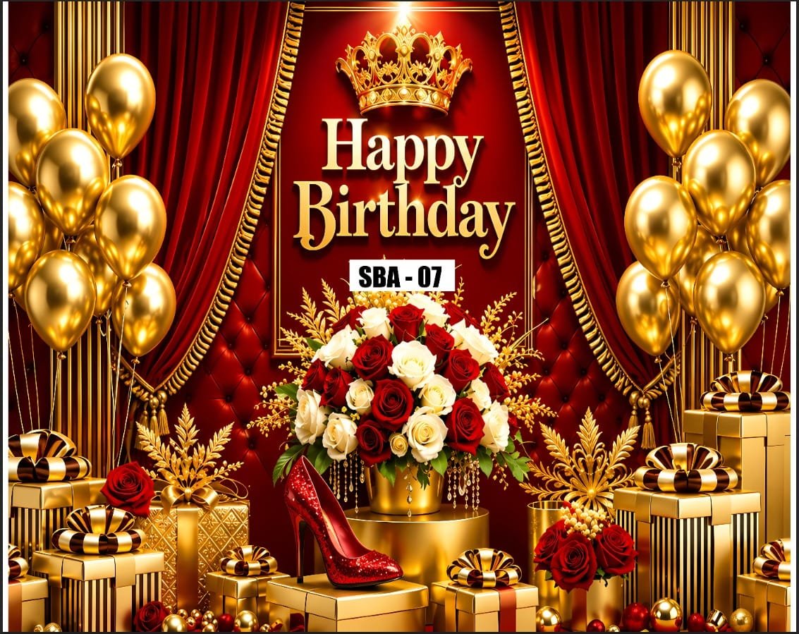 Royal Red & Gold Crown Happy Birthday Backdrop Banner with High Heel & Roses (Design Code: SBA-07)