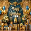 Luxury Royal Blue & Gold Happy Birthday Backdrop with Floral Clusters