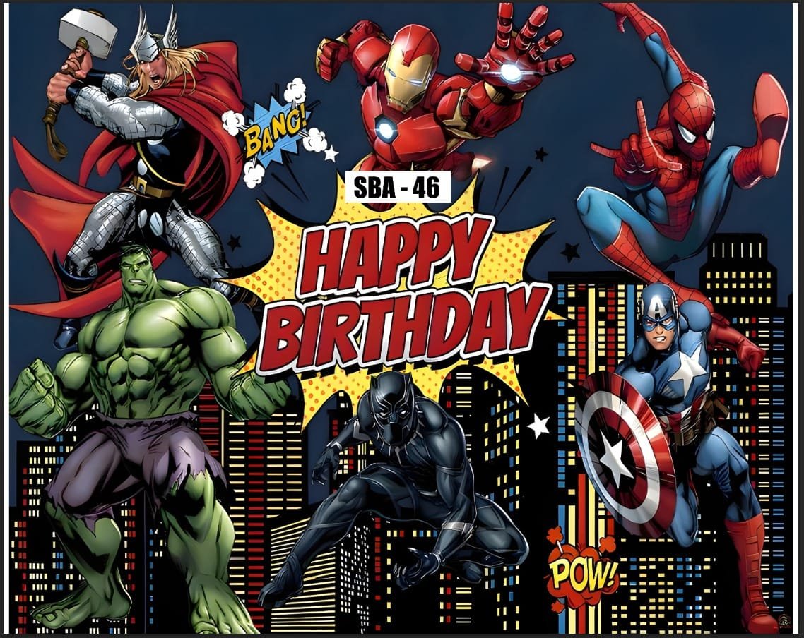 Marvel Avengers Superhero Happy Birthday Backdrop with City Skyline