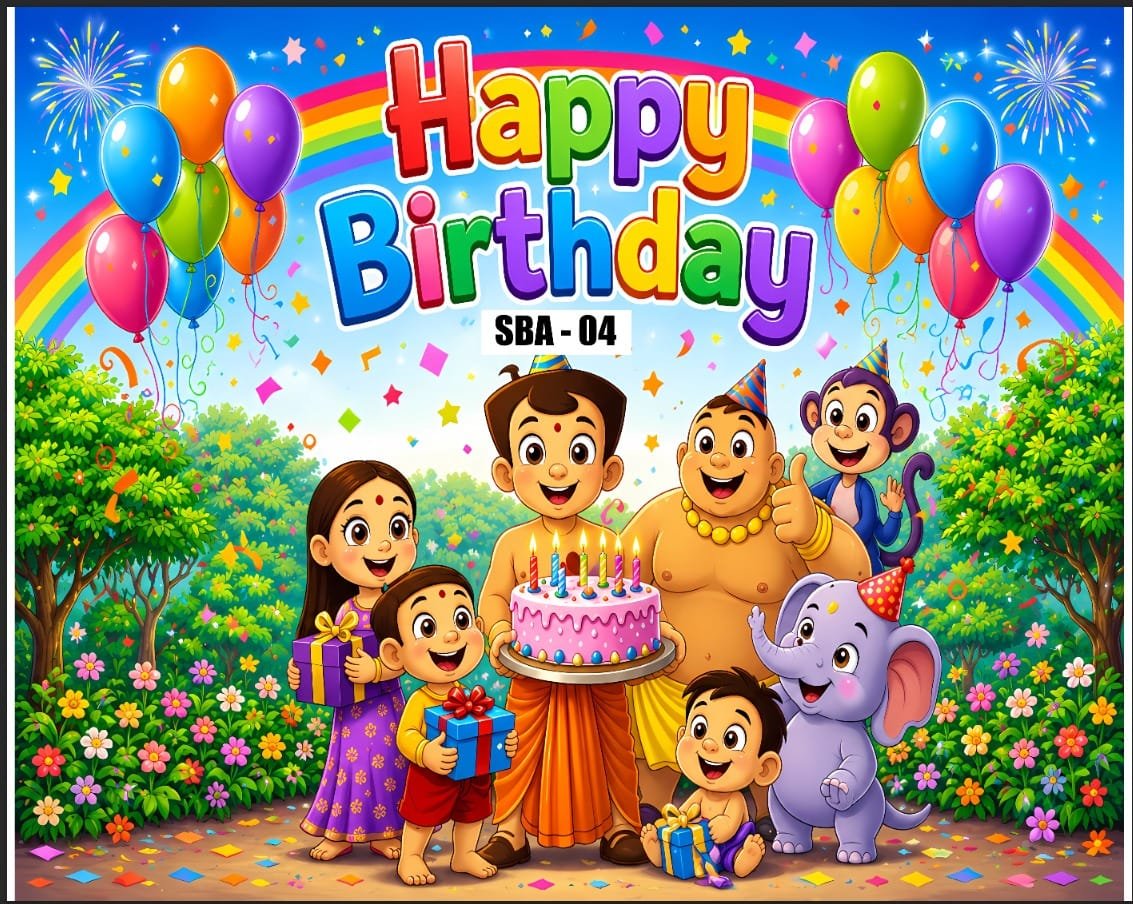 Chhota Bheem & Friends Happy Birthday Backdrop with Rainbow & Fireworks