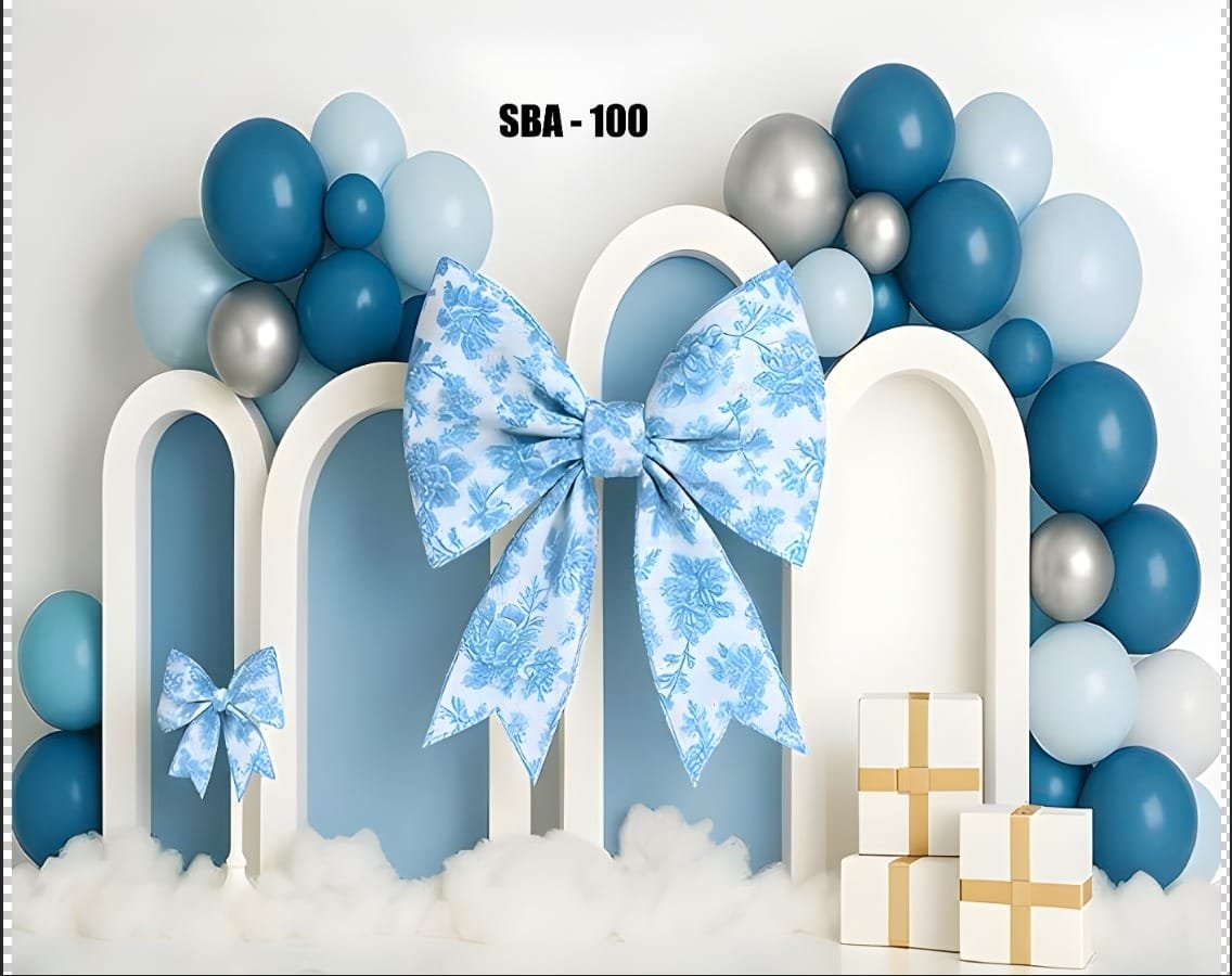 Classic Blue Floral Bow & Arch Backdrop with Blue & Silver Balloons