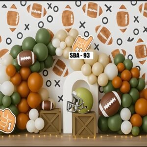 Football Theme Photography Backdrop – First Year Down Sports Birthday Party Background, Olive Green and Orange Balloon Arch Garland Photo Studio Props for Boy Cake Smash & Baby Shower