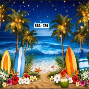 Tropical Beach Night Surfing Backdrop with Illuminated Palm Trees