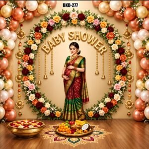 Baby Shower Backdrop Feet, Traditional Peacock Lotus Floral Maternity Ceremony Background Cloth, Royal Gold Arch Design for Godh Bharai, Seemantham, Photography, Baby Shower Decoration & Party