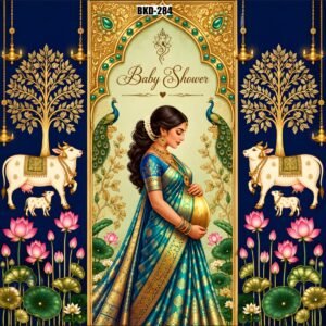 Baby Shower Backdrop Feet, Traditional Peacock Lotus Floral Maternity Ceremony Background Cloth, Royal Gold Arch Design for Godh Bharai, Seemantham, Photography, Baby Shower Decoration & Party