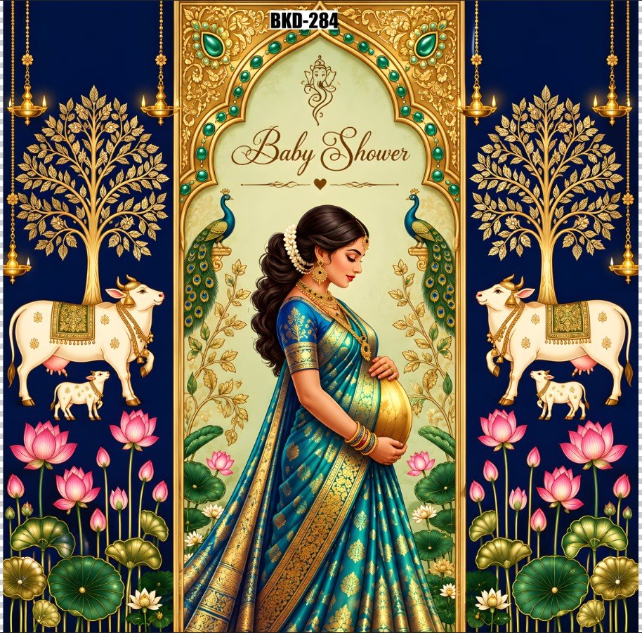 Baby Shower Backdrop Feet, Traditional Peacock Lotus Floral Maternity Ceremony Background Cloth, Royal Gold Arch Design for Godh Bharai, Seemantham, Photography, Baby Shower Decoration & Party