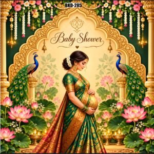 Baby Shower Backdrop Feet, Traditional Peacock Lotus Floral Maternity Ceremony Background Cloth, Royal Gold Arch Design for Godh Bharai, Seemantham, Photography, Baby Shower Decoration & Party