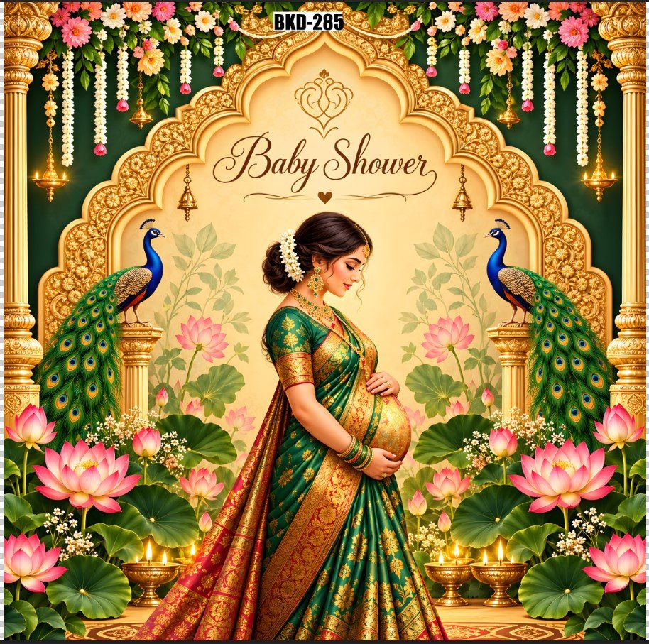 Baby Shower Backdrop Feet, Traditional Peacock Lotus Floral Maternity Ceremony Background Cloth, Royal Gold Arch Design for Godh Bharai, Seemantham, Photography, Baby Shower Decoration & Party